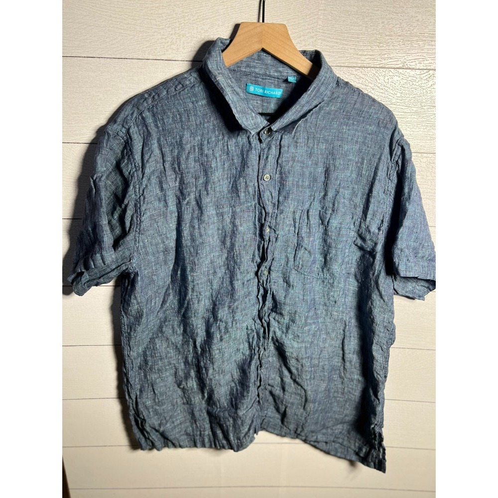Tori Richard Mens 2XL Short Sleeve 100% Linen Camp Shirt Blue Textured Hawaiian